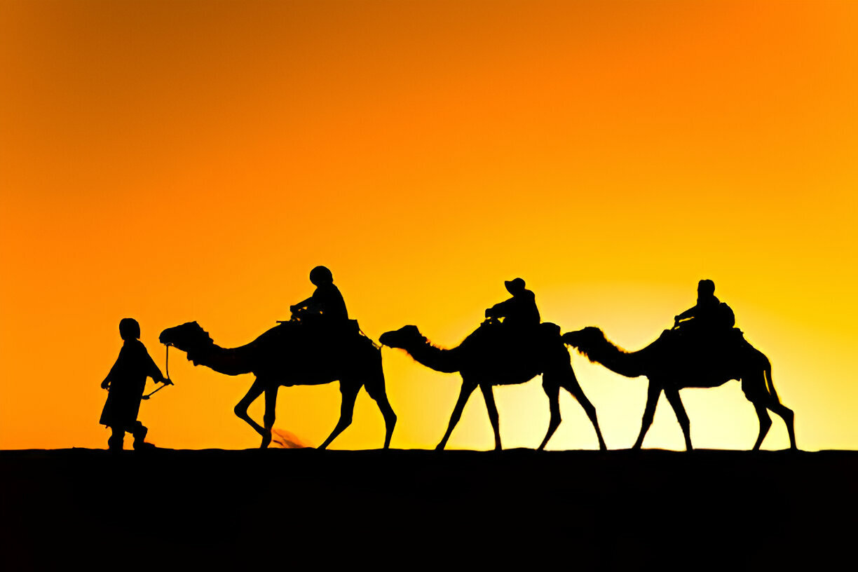 Camel trekking adventure in the Sahara Desert Morocco during a luxury travel tour